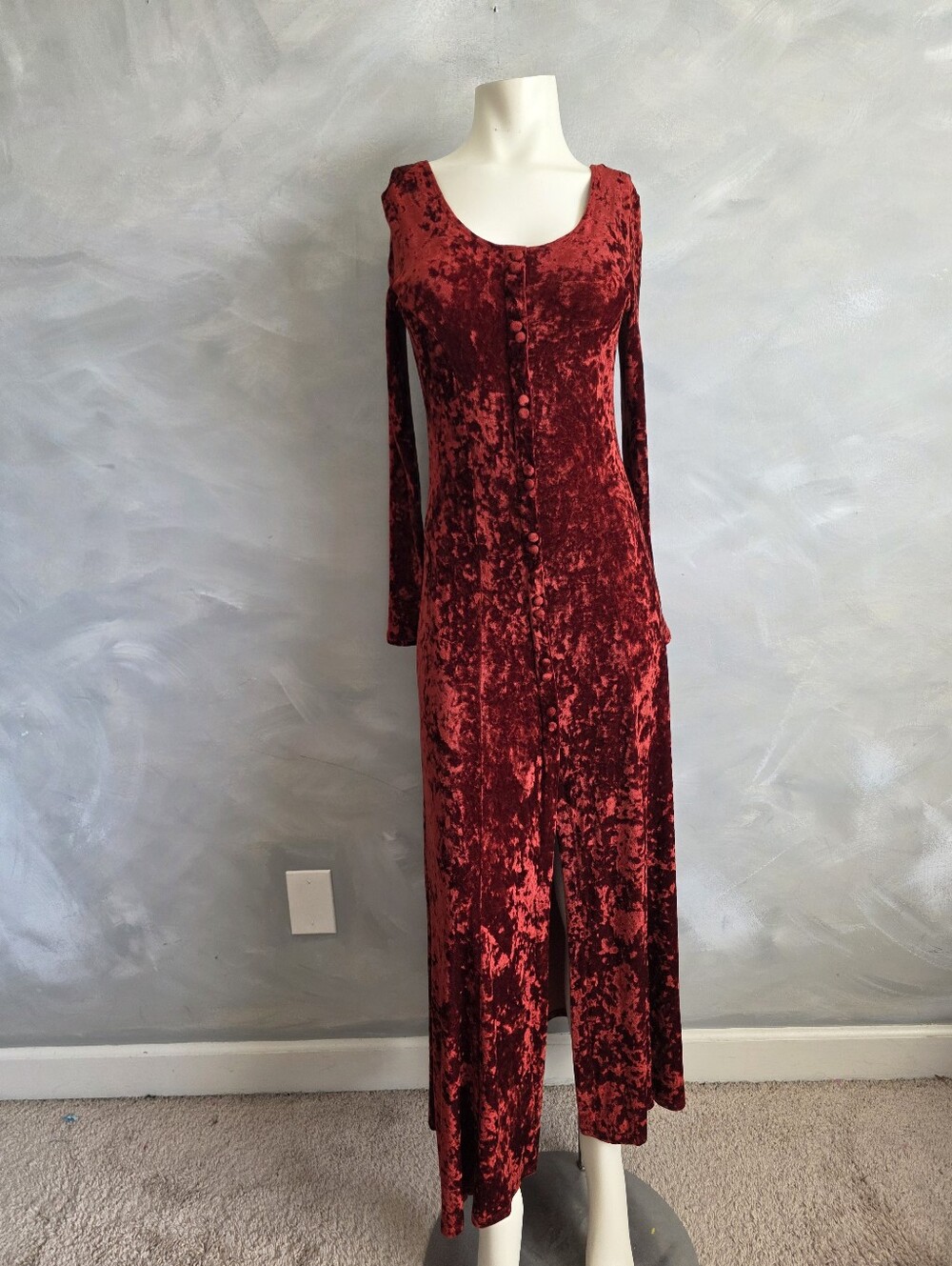 VTG 90s Contempo Casuals Crushed Velvet Maxi Dress Rust Orange Long Sleeve S